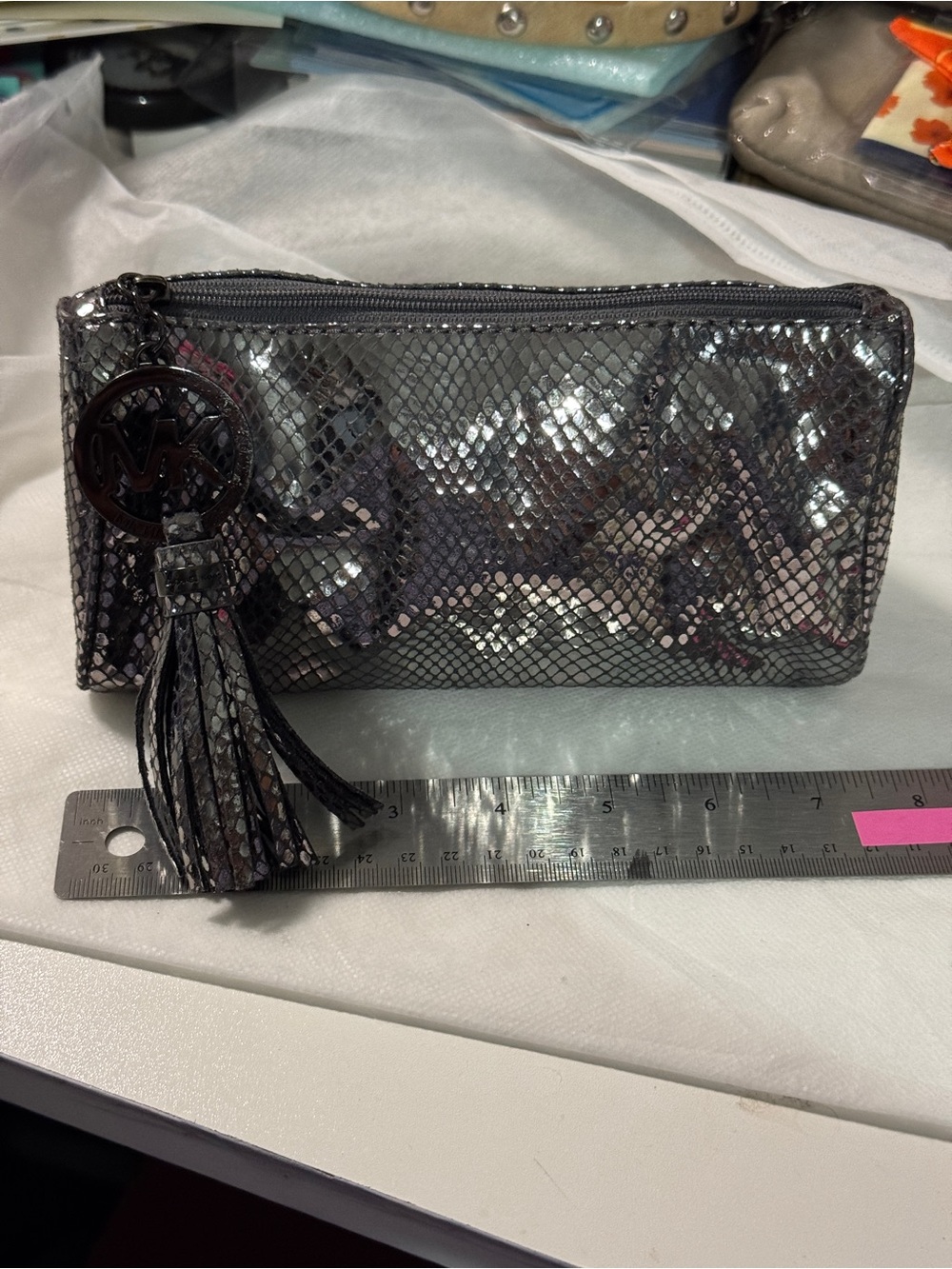 Michael Kors Metallic Charcoal Snake-Embossed Cosmetic Pouch with Tassel